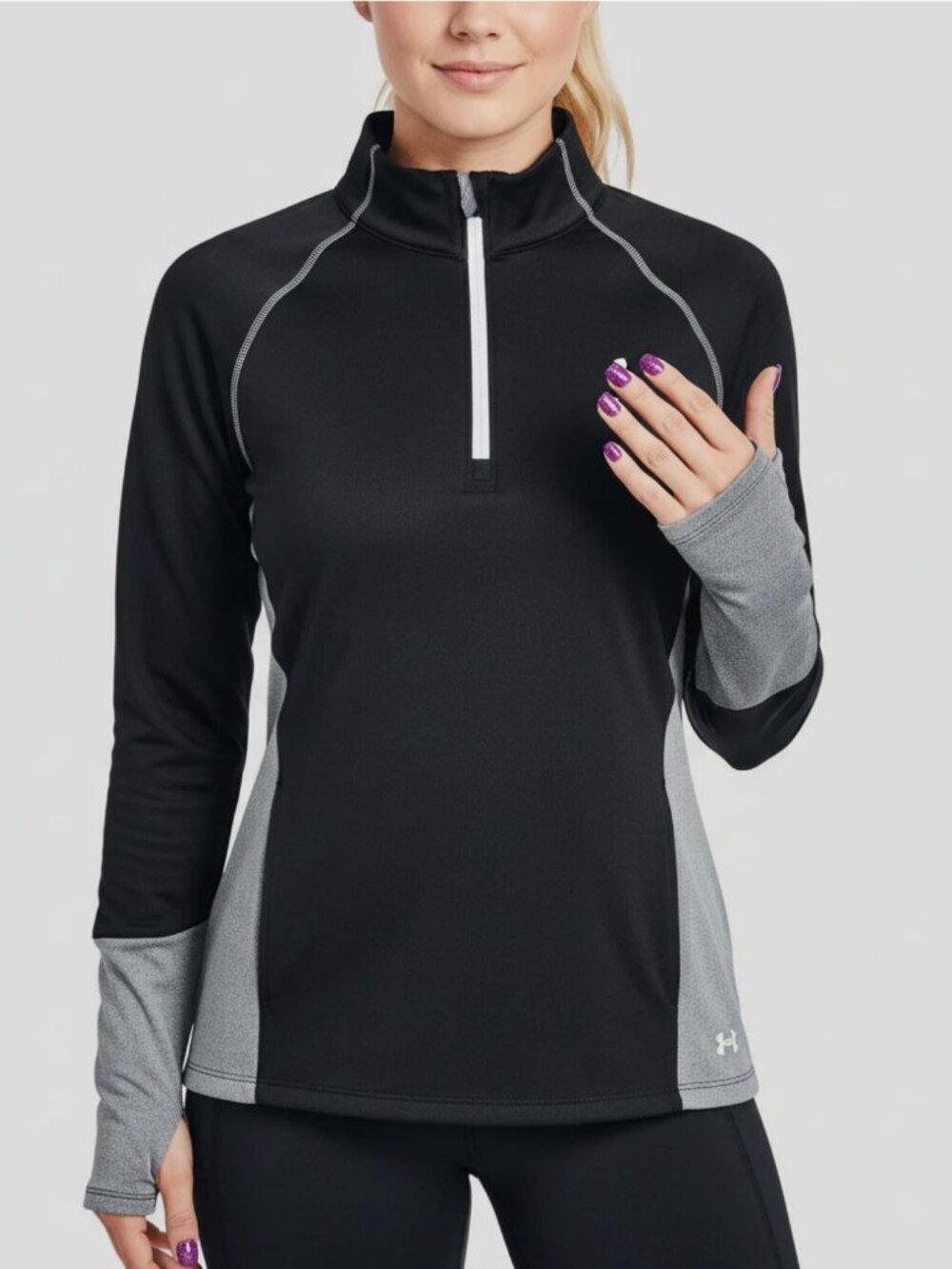 Under Armour ColdGear 1/4 Zip Pullover Medium Black Gray Thumbhole Running Top